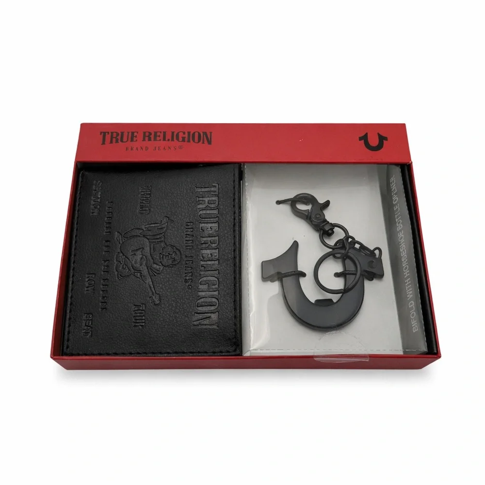 Brand New True Religion Black Leather Billfold Wallet w/ Bottle Opener Keychain